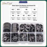 SHUKEYI 580Pcs สีดำสีดำ เครื่องซักผ้าไนลอน M2 M2.5 M3 M4 M5 M6 M8 M10 M12 9ขนาด ชุดแยกประเภทเครื่องซักผ้าแบน พร้อมกล่องเก็บของ แหวนวงแหวน การเชื่อมต่อไฟฟ้า