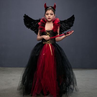 Child Royal Vampire Costume Set for Girls Halloween Dress Up Party Clothing Kids Gothic Devil Queen Gown Tutu Dress with Wing