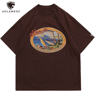 Aolamegs เสื้อยืดขนาดใหญ่ผู้ชาย Sea Mountain Wonderland พิมพ์เสื้อแขนสั้นคู่ R Casual แฟชั่น Tee ฤดูร้อน Streetwear