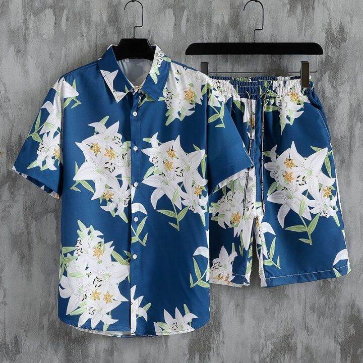 ชุดสูทฤดูร้อนของผู้ชาย-pdd8-14วันหยุดฮาวายเสื้อเชิ๊ตลายดอกไม้หลวมดอกไม้ห้าจุดกางเกงชายหาดคู่รักชุดลำลองของผู้ชาย