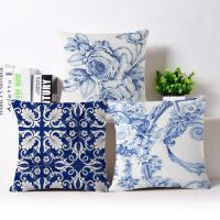 Vintage Cushion Covers Blue White Printed Linen Cushion Cover High Quality Sofa Bedding Decorative Throw Pillow Cases Cushion Cover