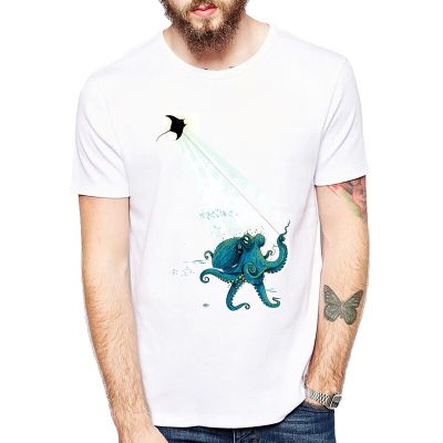 Devil Lightning Octopus Print T Shirts For Men Casual Cool Animal Design Shirts Clothing 100% Cotton Gildan