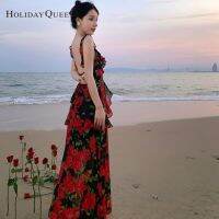 HolidayQueen กระโปรงยาวชายหาด HQ2123คอวีแนวย้อนยุคลายกุหลาบโชว์หลัง