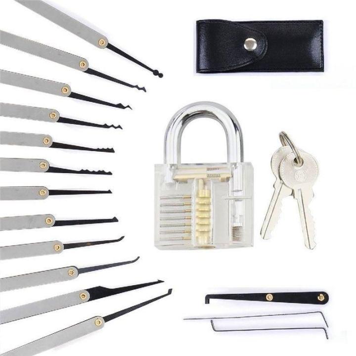Panda Online Transparent Training Padlock +15PCS Stainless Steel Hook Lock  Pick Set Locksmith Tools