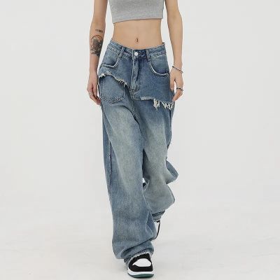 American retro design sense straight leg ripped jeans womens 2023 new high waist wide leg mopping pants