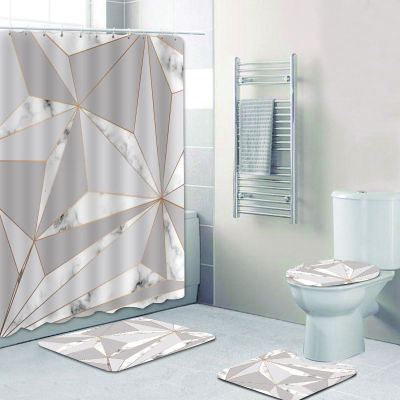 4PCS Rose Gold Pink and Gray Marble Shower Curtain Set for Bathroom Curtains Geometric Hexagon Bath Mats Rugs Toilet Home Decor