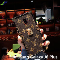 JieFieกรณีหรูหราLVพิมพ์กรณีโทรศัพท์สำหรับSamsung Galaxy J6 พลัสหนังย้อนยุคแฟชั่นสแควร์โครเมี่ยมRivetโทรศัพท์ปก