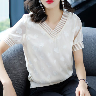 แขนสั้นเกาหลีเสื้อชีฟองสำหรับผู้หญิง2023ฤดูร้อนใหม่,ทรงหลวมคอปกเสื้อเสื้อลายลูกไม้ตะวันตกคอวี