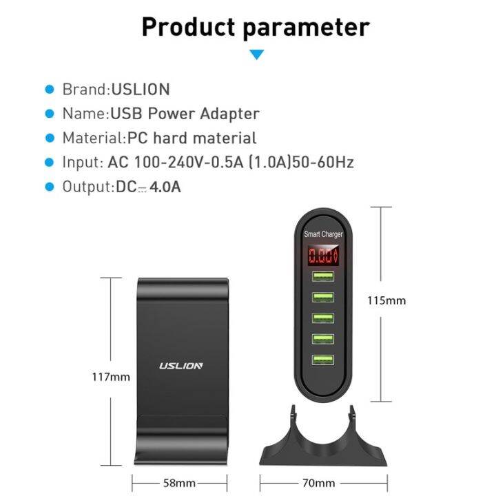 uslion-5เครื่องชาร์จพอร์ต-usb-สำหรับจอแสดงผลแอลอีดีแท่นชาร์จ-usb-หลากหลายบ้านติดกำแพงแบบยุโรปสำหรับปลั๊กอังกฤษอเมริกา