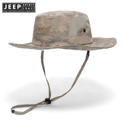 JEEP SPIRIT 1941 ESTD หมวกใส่ได้ทั้งชายหญิงหมวกชาวประมงลายพราง,หมวกสีดำปรับได้กันแดดเล่นกีฬาตกปลากลางแจ้งใหม่