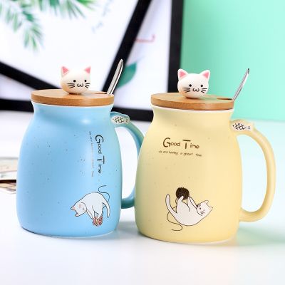 【High-end cups】น่ารัก450มิลลิลิตรแมวแก้วที่มีฝาปิดและช้อนพอร์ซเลนกาแฟนมชาแก้วคาเฟ่ถ้วย Drinkware เด็กเลดี้ของขวัญ