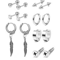 1/7 Pairs Fashion Stainless Steel Earrings for Men Women Cool Feather Hoop Dangle Earrings CZ Stud Earrings Jewelry Silver