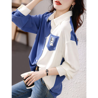 Spring And Autumn New Long-Sleeved Slim-Looking Contrast Color Ab Elegant Western Style Shirt Womens Blouse