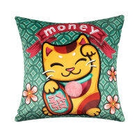 Chinese New Year Lucky Cat Dollar Cat Throw Pillow Cover Velvet Money Cushion Cover 45X45cm Home Decoration Zip Open