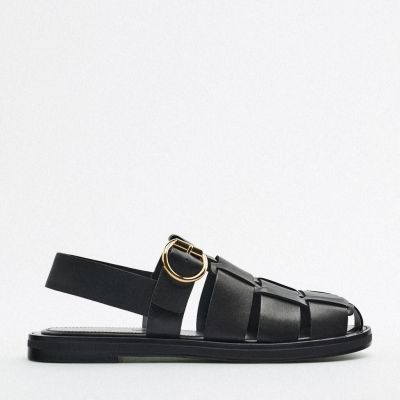 TOP☆THE ZARAˉ Summer New Womens Shoes Black Leather Weave Fashion Roman Flat Sandals Mules