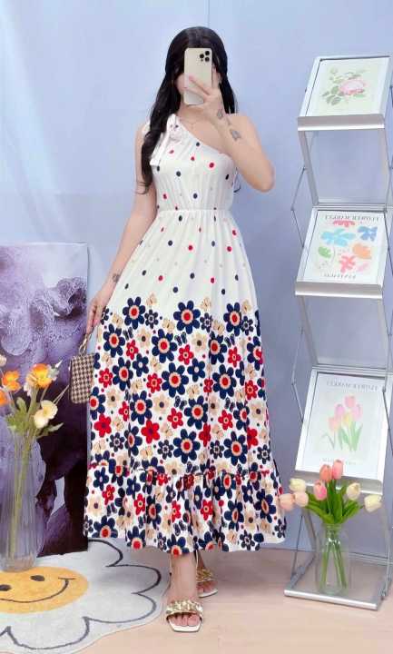 Sofia Clothing Summer One Side Floral Maxi Dress ,Cotton ,One Size Fit  small to semi large ,Stretchable