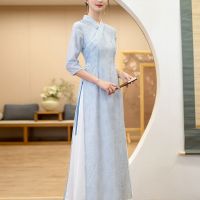 【LZ】♘  Vestido chinês ao dai fino para mulheres vestido simples e elegante de qipao longo cheongsam vintage estilo nacional harajuku hanfu melhorar primavera