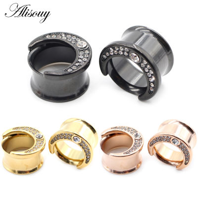 Alisouy 2Pcs 6-25มม. สแตนเลส Horn Moon Zircon หูอุโมงค์ปลั๊ก Expanders Stretcher Gauges ต่างหูเจาะเครื่องประดับ