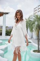 Summer Dress Lace Fringe Beach Boho Stiching Cover-ups 2023 Woman Cover Ups for Swimwear Outfits with Sleeve Tassel Oulet Tunic Tassel Beach Cloth Sunscreen Cover Shirt