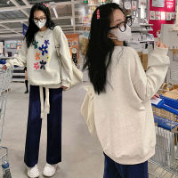 2021 pregnant women autumn clothes loose block color flower round collar fleece hoodies plus size maternity casual pullovers