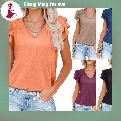 Cheng Ming เสื้อแขนสั้นคอวีมีระบายสำหรับผู้หญิง,เสื้อเสื้อสวมหัวทรงธรรมดาเสื้อยืดแบบหลวมสำหรับฤดูร้อน