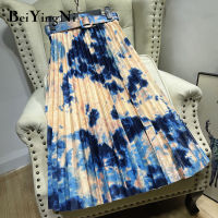 Beiyingni Stylish High Waist Skirt Women With Belted Tie Dye Vintage Casual Slim Pleated Midi Skirts Ladies Print Korean Faldas