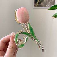 Korean Version of Elegant Tulip Girls Hairpin Oil Painting Green Leaf Tulip Metal Clip