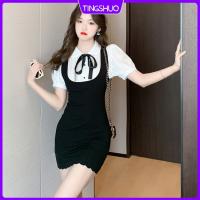 COD DSFGERTGYERE New Style Shirt Dress Female Bowknot Tight Fake Two-Piece Dress Women Classy Bubble Strap Wrap Skirt蝴蝶结假两件连衣裙女紧身包臀裙