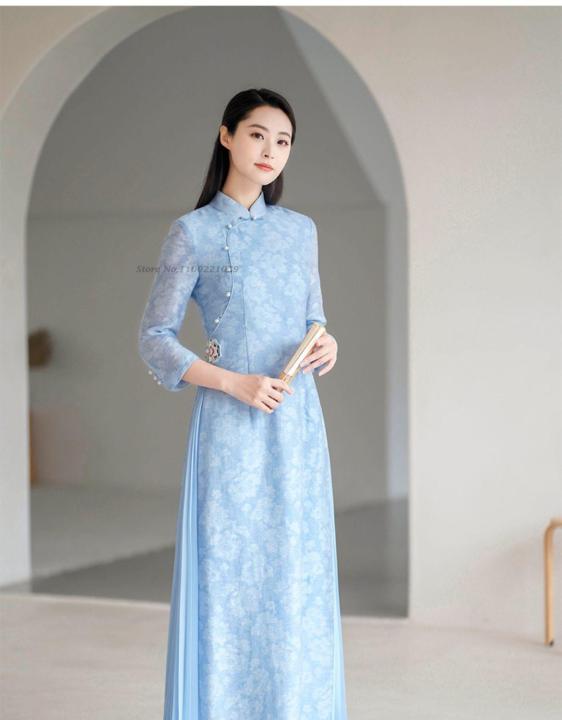 ชุดเดรสสไตล์คลาสสิก-aodai-จากเวียดนาม-ชุดเดรส2023พิมพ์ดอกไม้ผู้หญิงเดรสแขนยาว-aodai-สไตล์ตะวันออกชุดเดรสปาร์ตี้หรูหรา