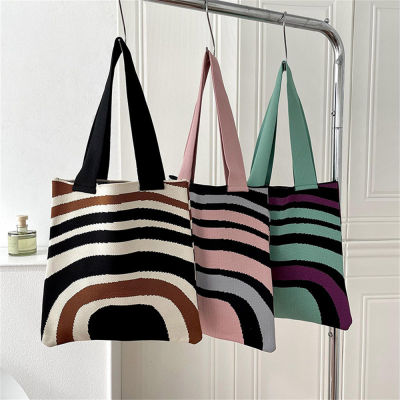 Knit Tote Bag With Wrist Strap Reusable Shopping Bag Womens Mini Wrist-bag Wide Stripe Plaid Handbag Casual Color Tote Bag