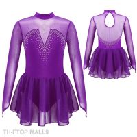 2023FTOP MALL9 เด็กหญิงบัลเล่ต์ Leotard Tutu ชุดแขนยาว Hollow กลับ Sparkly Rhinestone สไตล์สเก็ตชุดยิมนาสติกชุด