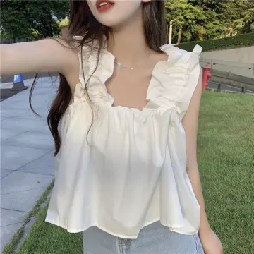 Women White Sleeveless Shirts Korean Lapel Ruffle Slim Office Top