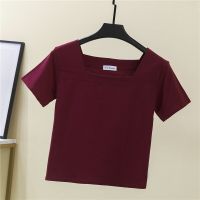 Limited Time Discounts 100% Cotton T Shirt Women Summer Square Collar T-Shirt Chic Tees Solid Crop Top Short Sleeve White Black Slim Shirts Bottom 2022