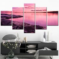 Lizhanmin Pink Lake View Wall Art Canvas Set - 5 Piece Modular Landscape Painting Posters - Aesthetic Room Decor Frames For Pictures Home Decoration