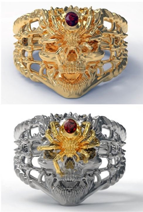 โครงกระดูกแมงมุมแฟชั่นสีทองข้ามพรมแดนที่โดดเด่นด้วยแหวนทับทิมบนแหวนใหม่