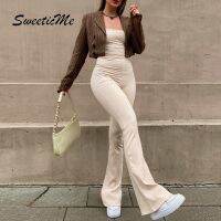 Sweeticme ใหม่ชุดจัมพ์สูทสําหรับสตรีสีพื้นเปลือยหลังปักลายลูกไม้มีสายคล้องคอ