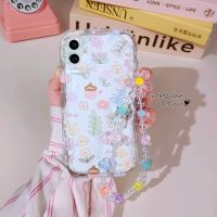 เคส RouJiang สำหรับ iPhone 15 14 13 12 11 Pro Max X XR Xs Max 8 7 6S Plus SE 2020ดอกไม้และหญ้าเคสโทรศัพท์รูปการ์ตูนพร้อมโซ่