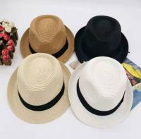 Hats shop9 หมวกสานทรงปานามาสีพื้น คาดดำ สินค้าพร้อมส่งB062