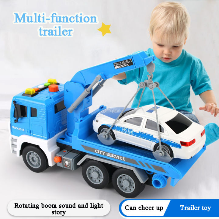 ใหม่เด็กรถพ่วงของเล่นขนส่งรถบรรทุกพื้นเรียบเครนขนาดใหญ่เครนรถกู้ภัยถนนรถเด็กของเล่นของขวัญวันเกิด