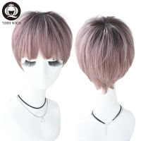 7JHH 2 Tone Ombre Pink Short Ramy Hair With Bangs Lolita Wig For Women Fashion Refined Christmas Heat Resistant Synthetic Wig