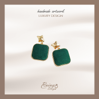 [EAR15] Drop Earrings S925 ต่างหู รูปสี่เหลี่ยม Square วินเทจ สไตล์เกาหลี Vintage Korean Style สีเขียวมรกต Emerald Green