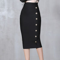 Summer Elegant Midi Pencil Skirt High Waist Bandgae Skirt Black Elastic Bandage Skirts Button Women Clothes.