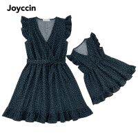 【CC】 Joyccin Mother Kids Wrap V-neck Clothing Ruffle Flutter-sleeve Matching Outfits All Over Dots Boho Vacation Dresses