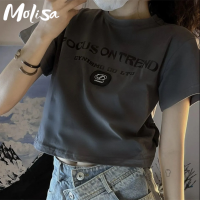 Molisa Fashion เสื้อยืด เสื้อยืดผูหญิง เสื้อครอป สไตล์เกาหลี แฟชั่น A29J0OD