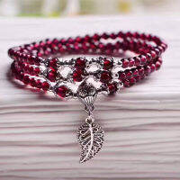 Wholesale Wine Red Garnet Natural Stone Bracelets Beads Tibetan Silver Leaf Pendant Women Beauty Bracelet Multilayer Jewelry