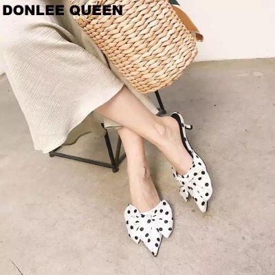 2020 Spring Slippers Women Polka Dot Sandal Fashion Bow Tie Women Shoes Mules Casual Pointed Toe Slip On Slides zapatos de mujer