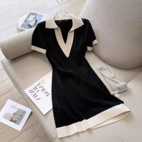 COD DSTGRTYTRUYUY French niche summer POLO collar short-sleeved knitted dress straight loose v-neck T-shirt dress