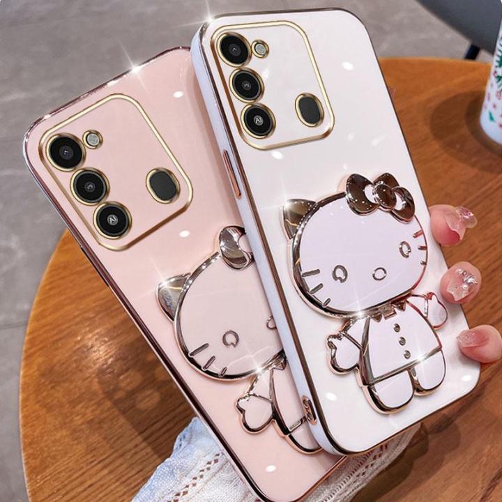 folding-makeup-mirror-phone-case-for-infinix-tecno-spark-go-2022-spark-8c-kg5-kg5j-kg5k-case-fashion-cartoon-cute-cat-multifunctional-bracket-plating-tpu-soft-cover-casing