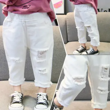 Zhihuida Jeans Trousers Boys And Girls Mid-Waist Casual Solid Color Pants  White For Kids 1-7 Years Old