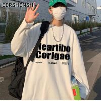 EERSHENSHI เสื้อยืดคอกลมแขนยาวสำหรับผู้ชาย เสื้อยืดคอกลมแขนยาวเสื้อผ้าขนาดใหญ่พิมพ์ลายอักษรย่อสำหรับฤดูใบไม้ผลิและหลวมสบายในฤดูใบไม้ร่วง